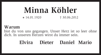 Traueranzeige von Minna Köhler von KREISZEITUNG SYKE