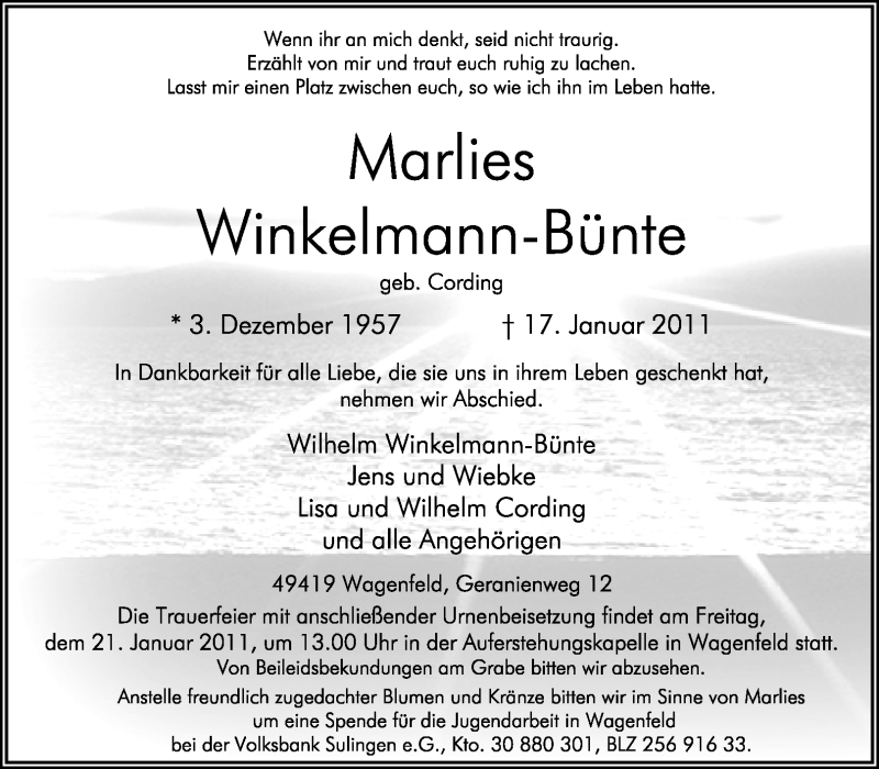  Traueranzeige für Marlies Winkelmann-Bünte vom 19.01.2011 aus KREISZEITUNG SYKE