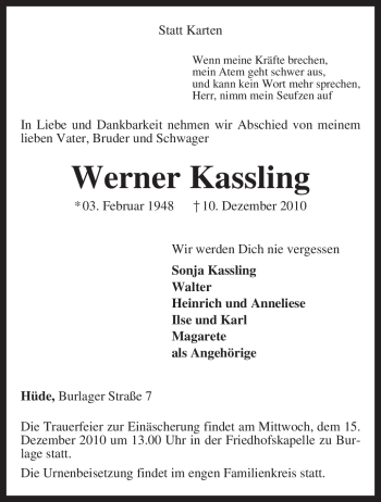 Traueranzeige von Werner Kassling von KREISZEITUNG SYKE