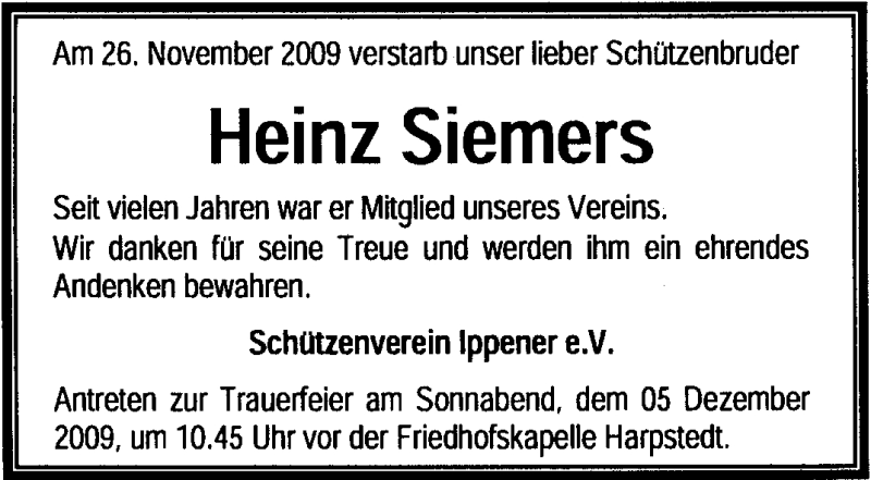  Traueranzeige für Heinz Siemers vom 30.11.2009 aus KREISZEITUNG SYKE