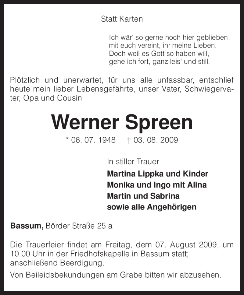  Traueranzeige für Werner Spreen vom 05.08.2009 aus KREISZEITUNG SYKE
