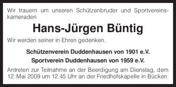 Traueranzeige von Hans-Jürgen Büntig von KREISZEITUNG SYKE