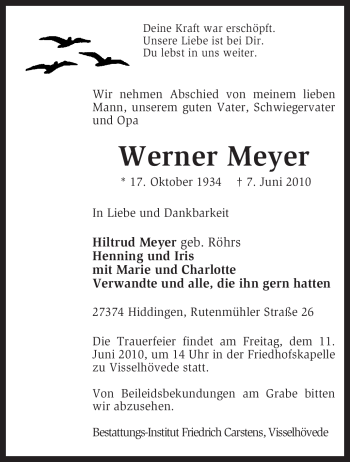 Traueranzeige von Werner Meyer von KREISZEITUNG SYKE