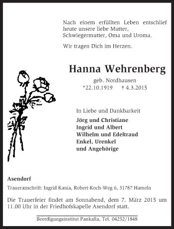 Traueranzeige von Hanna Wehrenberg von KRZ