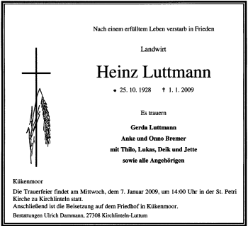 Traueranzeige von Heinz Luttmann von KREISZEITUNG SYKE