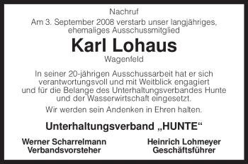 Traueranzeige von Karl Lohaus von KREISZEITUNG SYKE