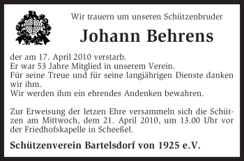 Traueranzeige von Johann Behrens von KREISZEITUNG SYKE