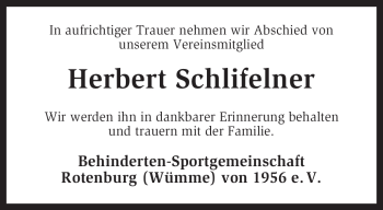 Traueranzeige von Herbert Schlifelner von KREISZEITUNG SYKE