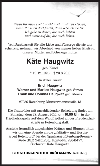 Traueranzeige von Käte Haugwitz von KREISZEITUNG SYKE