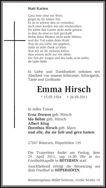 Traueranzeige von Emma Hirsch von KREISZEITUNG SYKE