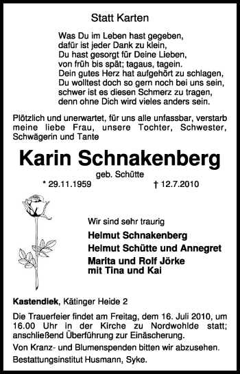 Traueranzeige von Karin Schnakenberg von KREISZEITUNG SYKE