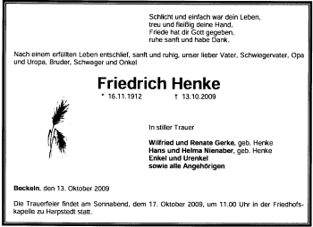 Traueranzeige von Friedrich Henke von KREISZEITUNG SYKE