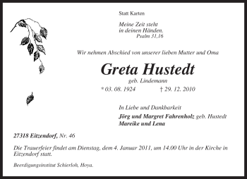 Traueranzeige von Greta Hustedt von KREISZEITUNG SYKE