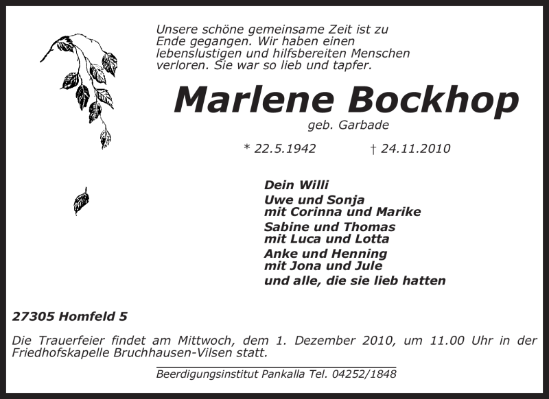  Traueranzeige für Marlene Bockhop vom 27.11.2010 aus KREISZEITUNG SYKE
