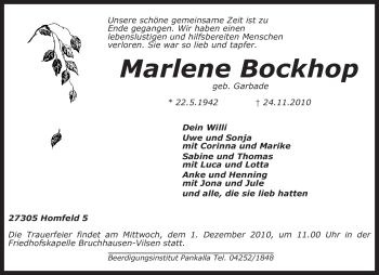 Traueranzeige von Marlene Bockhop von KREISZEITUNG SYKE