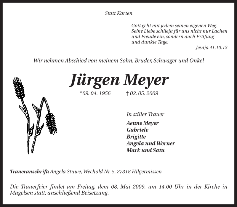 Traueranzeige für Jürgen Meyer vom 04.05.2009 aus KREISZEITUNG SYKE