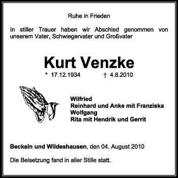 Traueranzeige von Kurt Venzke von KREISZEITUNG SYKE