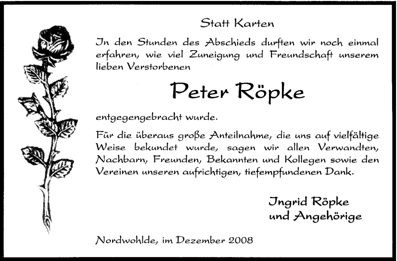  Traueranzeige für Peter Röpke vom 20.12.2008 aus KREISZEITUNG SYKE
