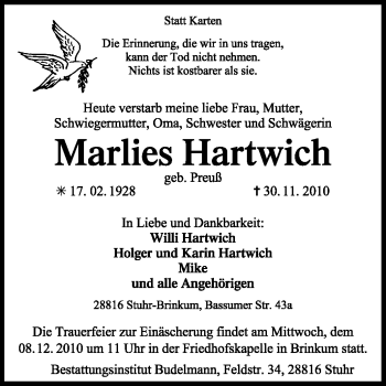 Traueranzeige von Marlies Hartwich von KREISZEITUNG SYKE