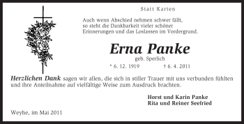 Traueranzeige von Erna Panke von KREISZEITUNG SYKE