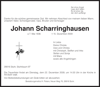 Traueranzeige von Johann Scharringhausen von KREISZEITUNG SYKE