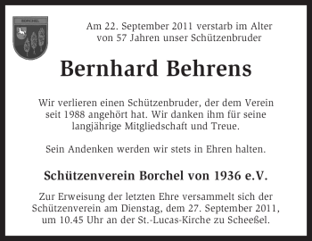 Traueranzeige von Bernhard Behrens von KREISZEITUNG SYKE