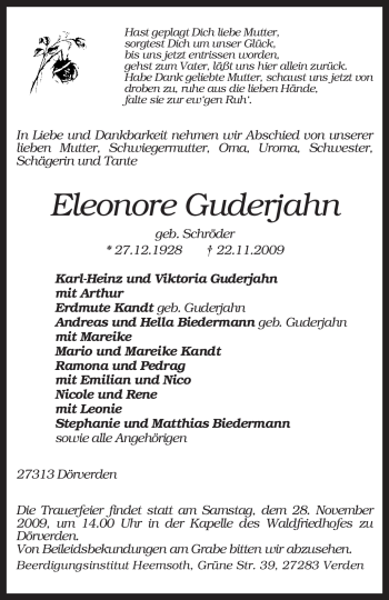 Traueranzeige von Eleonore Guderjahn von KREISZEITUNG SYKE