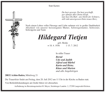 Traueranzeige von Hildegard Tietjen von KREISZEITUNG SYKE