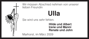 Traueranzeige von Ulla Unbekannt von KREISZEITUNG SYKE