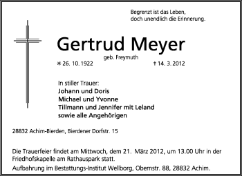 Traueranzeige von Gertrud Meyer von KREISZEITUNG SYKE