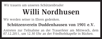 Traueranzeige von Willi Nordhusen von KREISZEITUNG SYKE