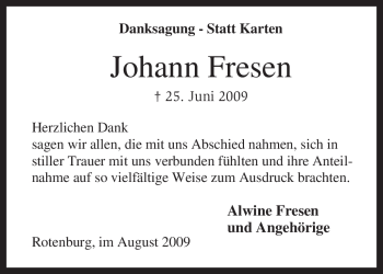 Traueranzeige von Johann Fresen von KREISZEITUNG SYKE
