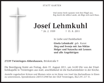 Traueranzeige von Josef Lehmkuhl von KREISZEITUNG SYKE