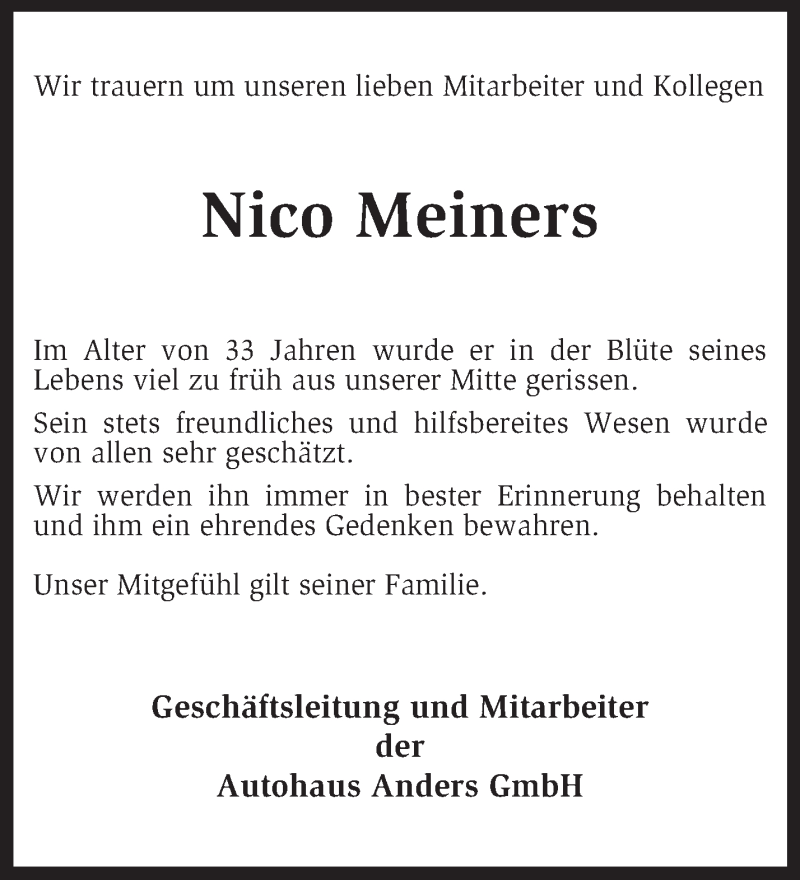  Traueranzeige für Nico Meiners vom 12.06.2015 aus KRZ