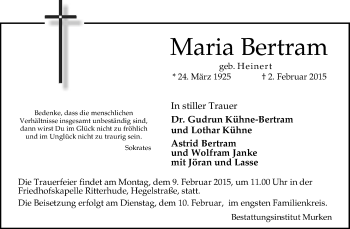 Traueranzeige von Maria Bertram von KRZ