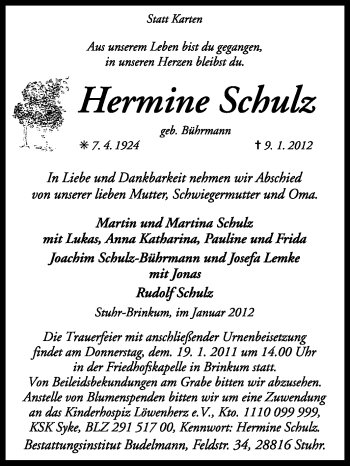 Traueranzeige von Hermine Schulz von KREISZEITUNG SYKE