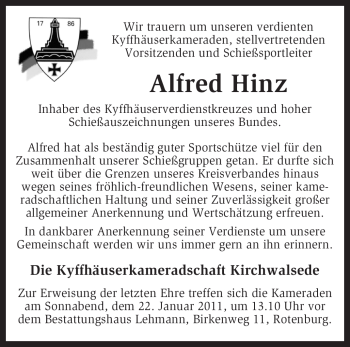 Traueranzeige von Alfred Hinz von KREISZEITUNG SYKE