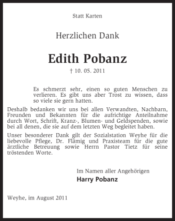 Traueranzeige von Edith Pobanz von KREISZEITUNG SYKE