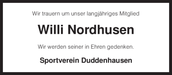 Traueranzeige von Willi Nordhusen von KREISZEITUNG SYKE