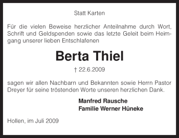 Traueranzeige von Berta Thiel von KREISZEITUNG SYKE