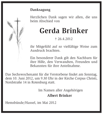 Traueranzeige von Gerda Brinker von KREISZEITUNG SYKE