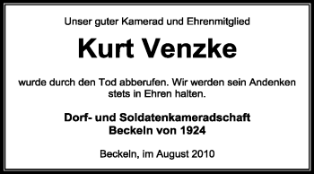 Traueranzeige von Kurt Venzke von KREISZEITUNG SYKE