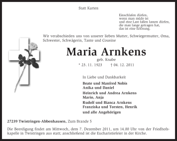 Traueranzeige von Maria Arnkens von KREISZEITUNG SYKE