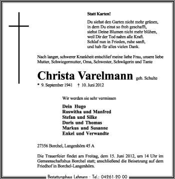 Traueranzeige von Christa Varelmann von KREISZEITUNG SYKE