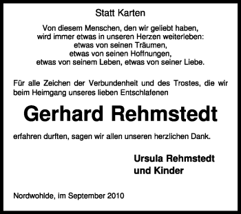 Traueranzeige von Gerhard Remstedt von KREISZEITUNG SYKE