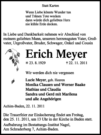 Traueranzeige von Erich Meyer von KREISZEITUNG SYKE