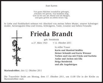 Traueranzeige von Frieda Brandt von KREISZEITUNG SYKE