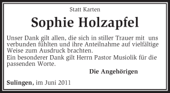 Traueranzeige von Sophie Holzapfel von KREISZEITUNG SYKE