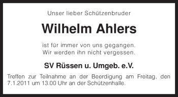 Traueranzeige von Wilhelm Ahlers von KREISZEITUNG SYKE