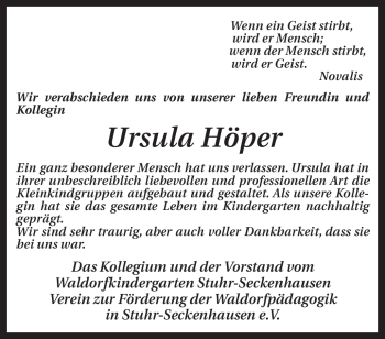 Traueranzeige von Ursula Höper von KREISZEITUNG SYKE